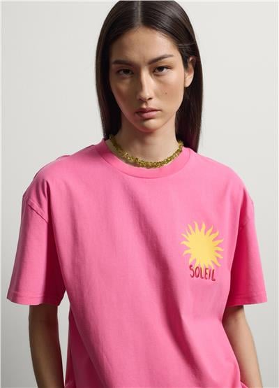 Pembe Güneş Baskılı Oversize Pamuk Tişört