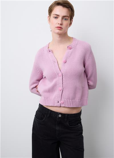 Pembe Saf Pamuk Düğmeli Regular Fit Hırka