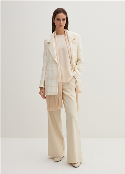 Pencere Kafesi Desenli Bukle Beyaz Blazer