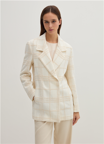 Pencere Kafesi Desenli Bukle Beyaz Blazer
