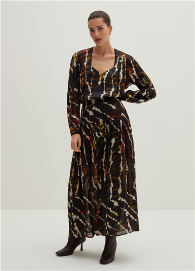 Pileli Batik Desenli Midi Etek