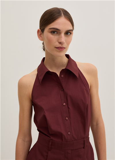 Poplin Kumaştan Kolsuz Bordo Gömlek Elbise