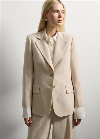 Regular Kalıp Bej Yün Karışımlı Blazer