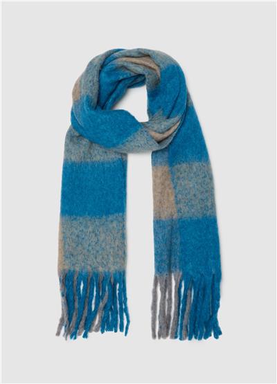 Mavi-Gri Saçaklı ve Ekose Desenli Atkı