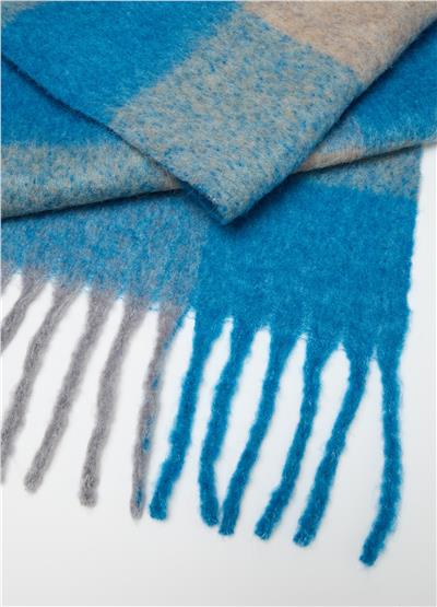 Mavi-Gri Saçaklı ve Ekose Desenli Atkı