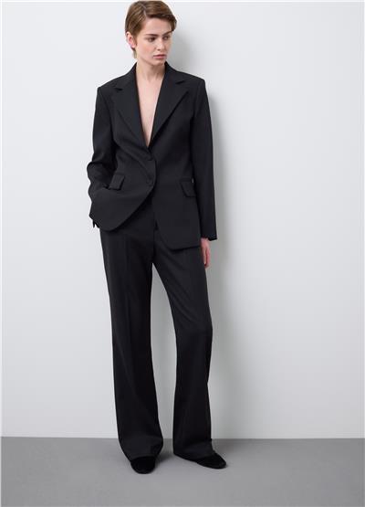 Siyah Düz Kesim Esnek Yün Karışımı Pantolon