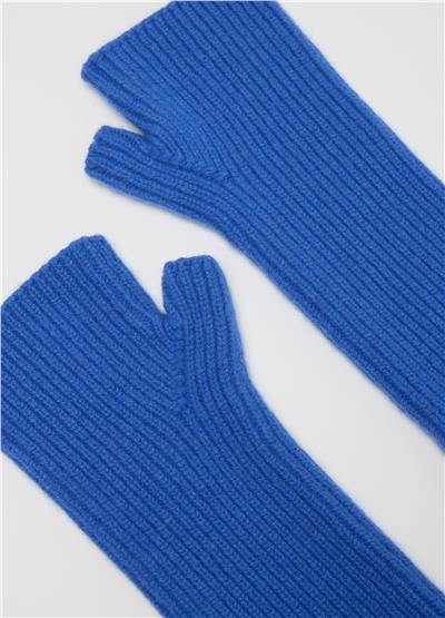 Mavi Saf Yün Yarım Parmak Eldivenler