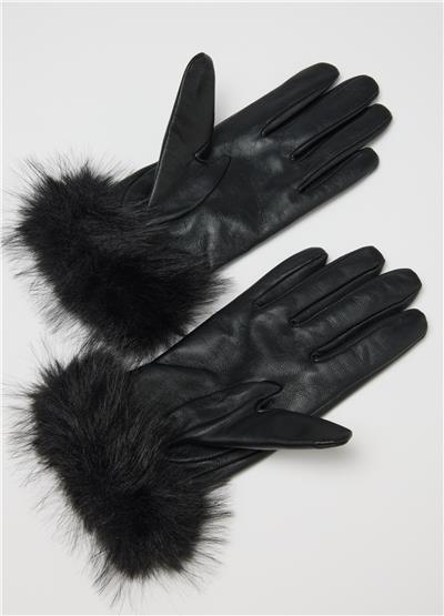Sahte Kürk Manşetli Siyah Hakiki Deri Eldivenler
