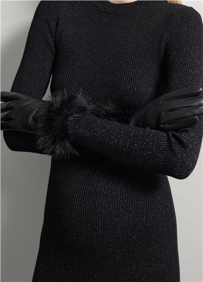 Sahte Kürk Manşetli Siyah Hakiki Deri Eldivenler