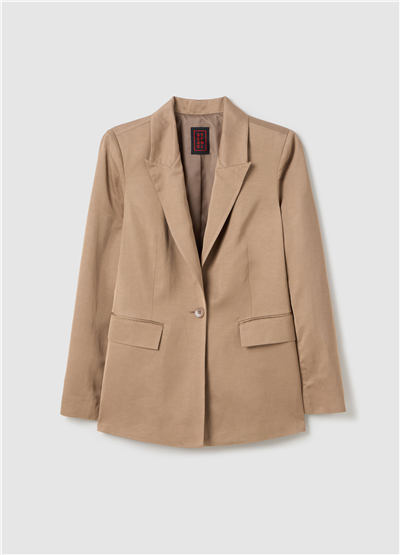 Saten Tek Düğmeli Bej Blazer