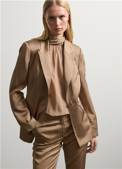 Saten Tek Düğmeli Bej Blazer