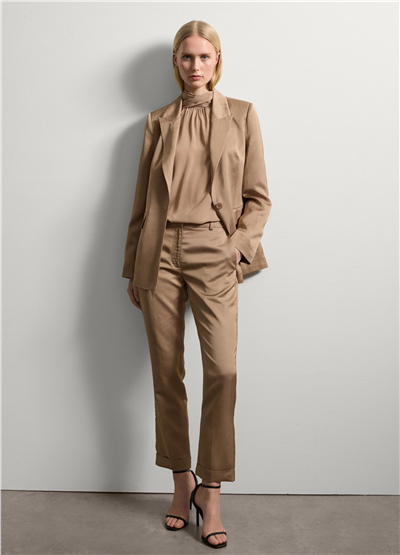 Saten Tek Düğmeli Bej Blazer