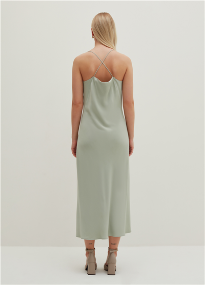 Saten Viskoz Mint Midi Elbise