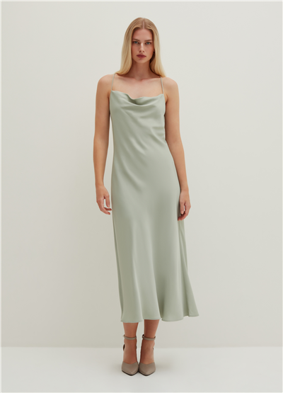 Saten Viskoz Mint Midi Elbise