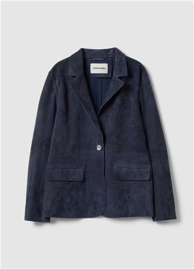 Normal Kesimli Mavi Hakiki Süet Deri Blazer Ceket