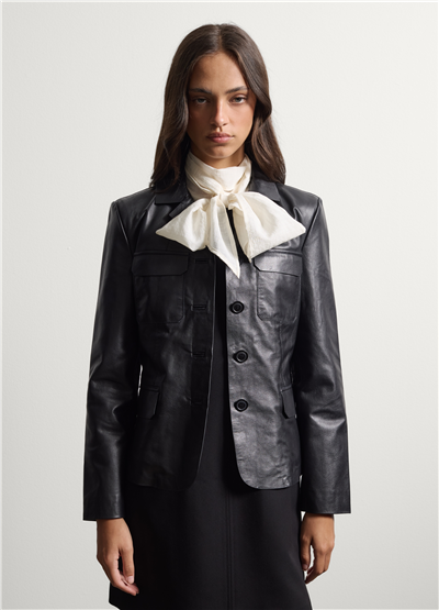 Siyah Hakiki Deri Klasik Yaka Regular Fit Blazer Ceket
