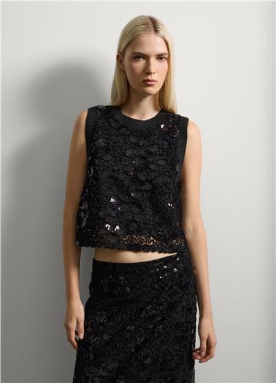 Siyah Transparan Pullu Crop