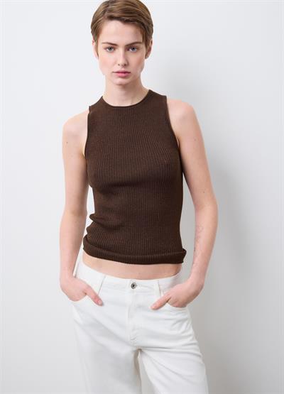 Slim Fit Işıltılı Kahverengi Viskon Karışımlı Üst