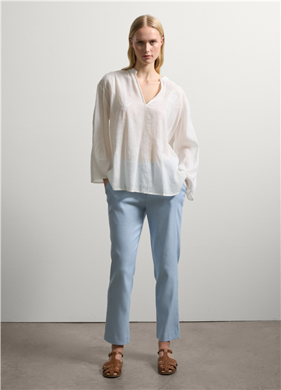 Stretch Keten ve Viskon Mavi Slim Fit Pantolon