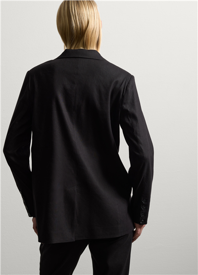 Stretch Viskon ve Keten Tek Düğmeli Siyah Blazer