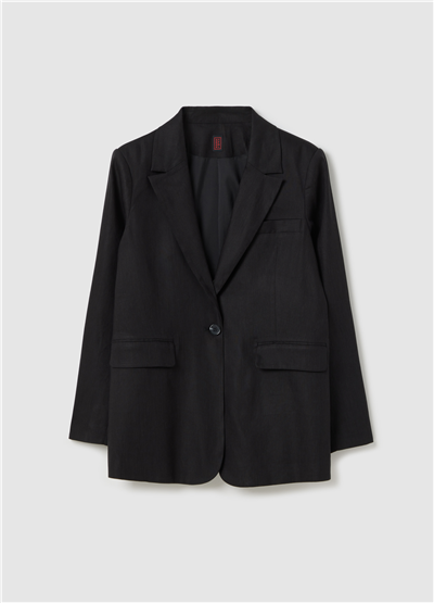 Stretch Viskon ve Keten Tek Düğmeli Siyah Blazer