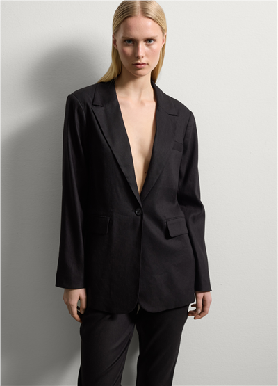 Stretch Viskon ve Keten Tek Düğmeli Siyah Blazer