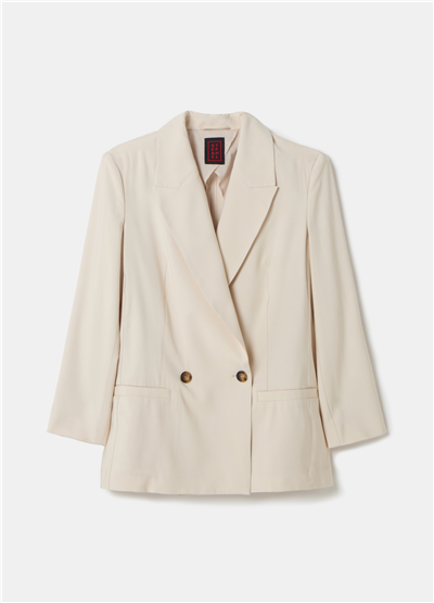 Teknik Dimi Kumaş Dökümlü Kruvaze  Kırık Beyaz Blazer