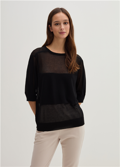 Transparan Görünümlü Oversize Siyah Bluz