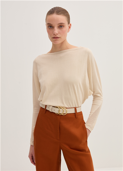 Tül Detaylı Crêpe Crop Bej Bluz