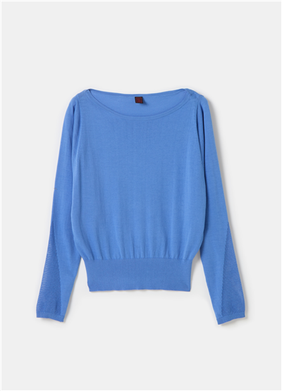 Tül Detaylı Crêpe Crop Mavi Bluz