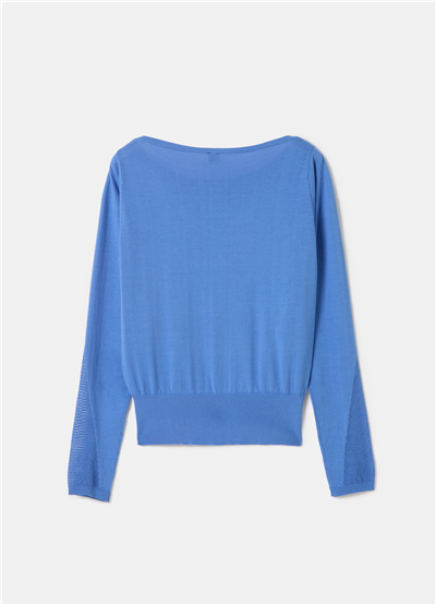Tül Detaylı Crêpe Crop Mavi Bluz