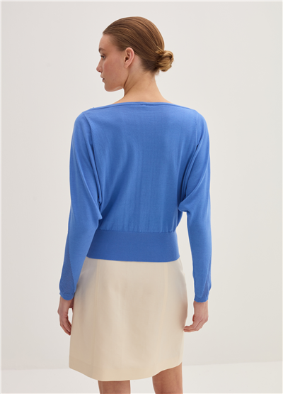 Tül Detaylı Crêpe Crop Mavi Bluz