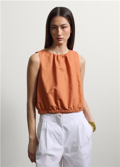 Turuncu Keten Pamuk Karışımlı Kolsuz Oversize Top