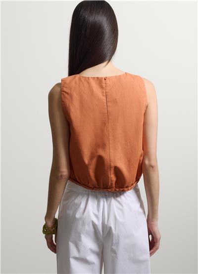 Turuncu Keten Pamuk Karışımlı Kolsuz Oversize Top