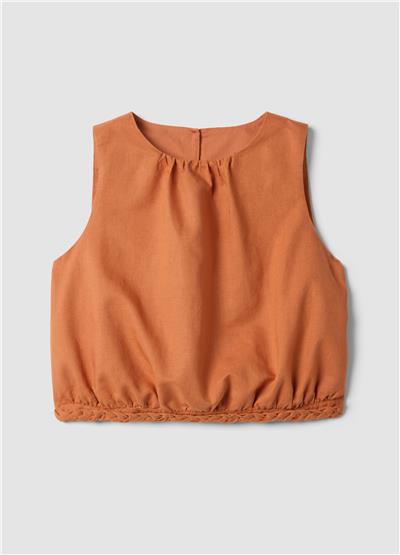 Turuncu Keten Pamuk Karışımlı Kolsuz Oversize Top