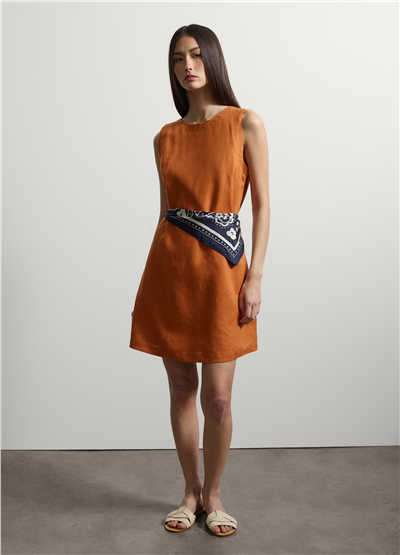 Turuncu Kolsuz Keten Mini Elbise Regular Fit