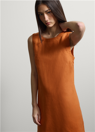 Turuncu Kolsuz Keten Mini Elbise Regular Fit