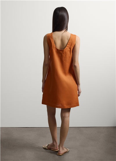 Turuncu Kolsuz Keten Mini Elbise Regular Fit