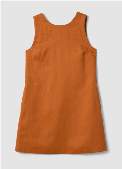 Turuncu Kolsuz Keten Mini Elbise Regular Fit