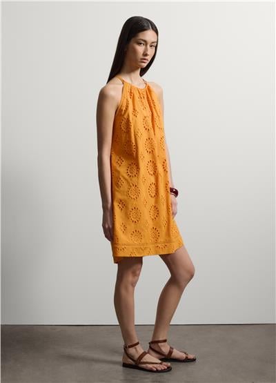 Turuncu Pamuk Broderie Anglaise Mini Elbise