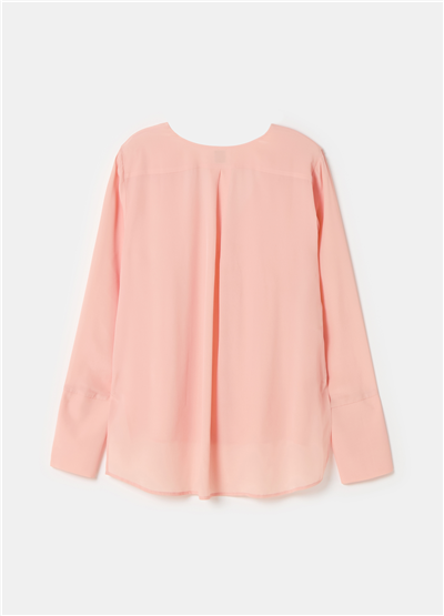 V Yaka Crêpe De Chine Pembe Bluz