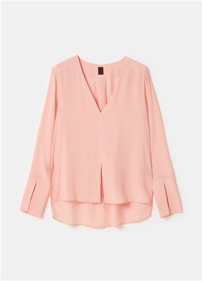 V Yaka Crêpe De Chine Pembe Bluz