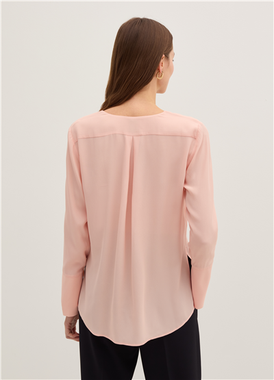 V Yaka Crêpe De Chine Pembe Bluz