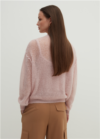 V Yaka Oversize Ajurlu Pembe Hırka