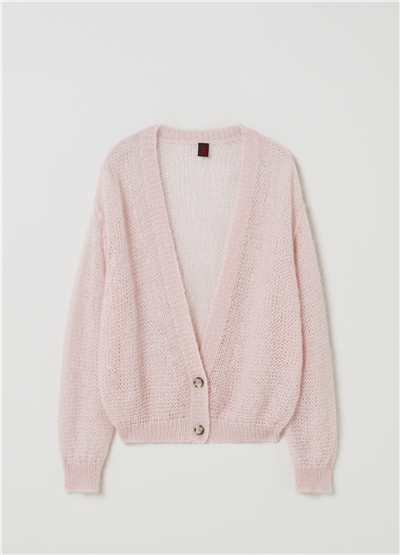 V Yaka Oversize Ajurlu Pembe Hırka