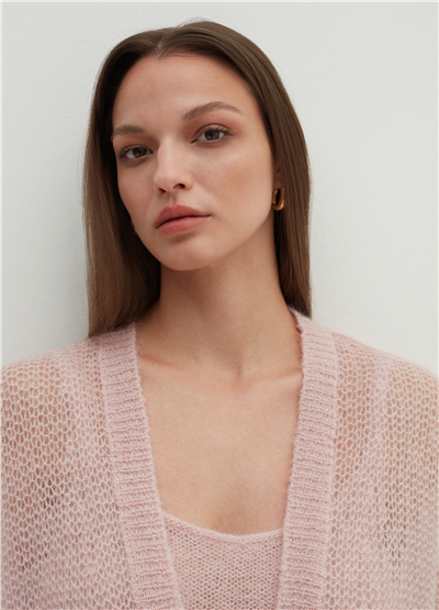 V Yaka Oversize Ajurlu Pembe Hırka