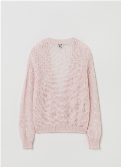 V Yaka Oversize Ajurlu Pembe Hırka