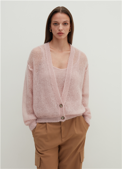 V Yaka Oversize Ajurlu Pembe Hırka