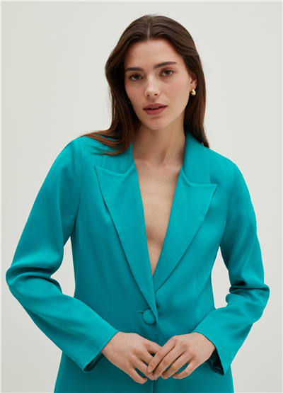 Viskoz Turkuaz Tek Düğmeli Blazer
