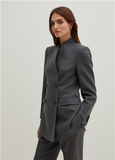 Yakasız Kruvaze Gri Blazer